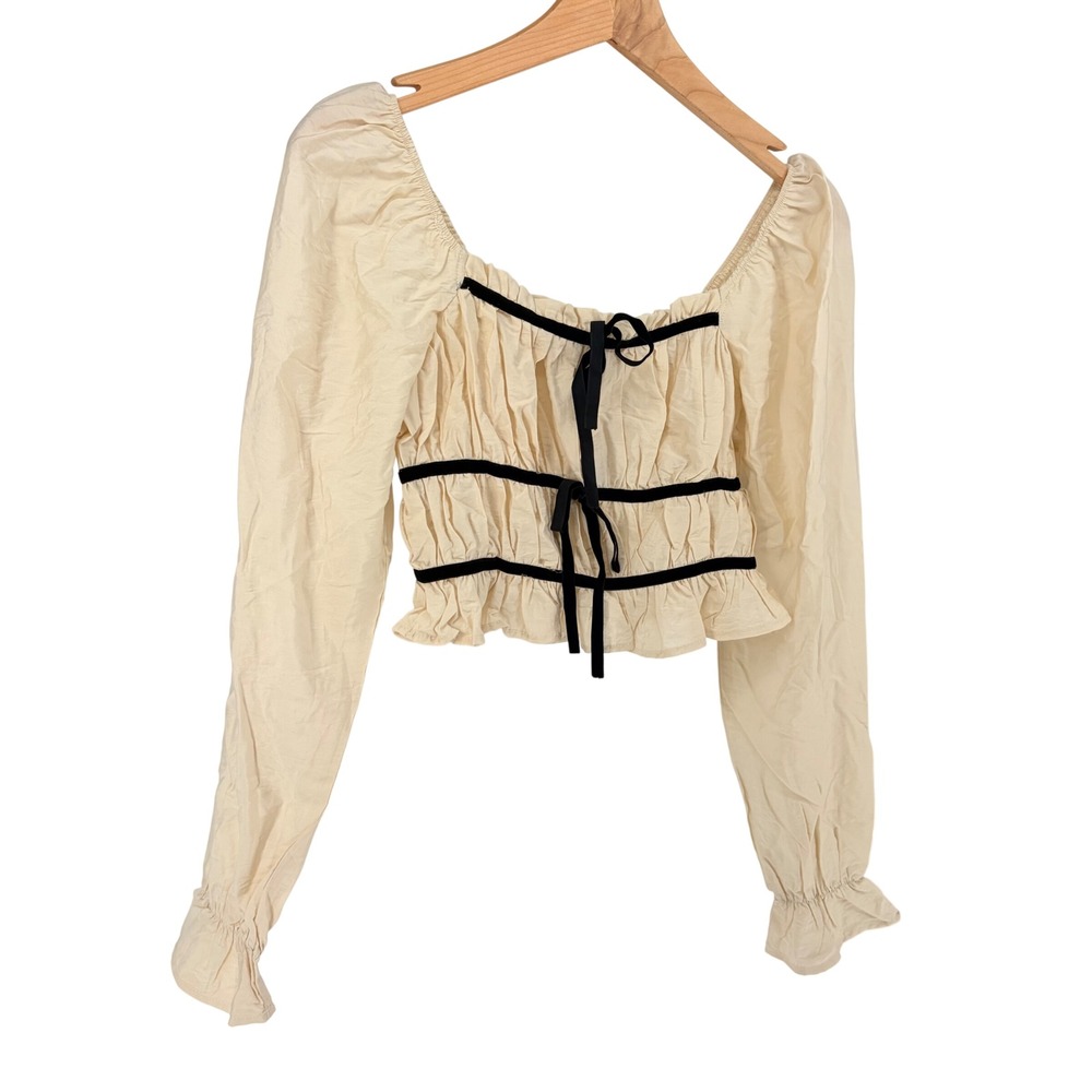 Thirty/Thirty L/A Crop Top XS Cream Velvet Trim Bow Smocked Peasant Blouse